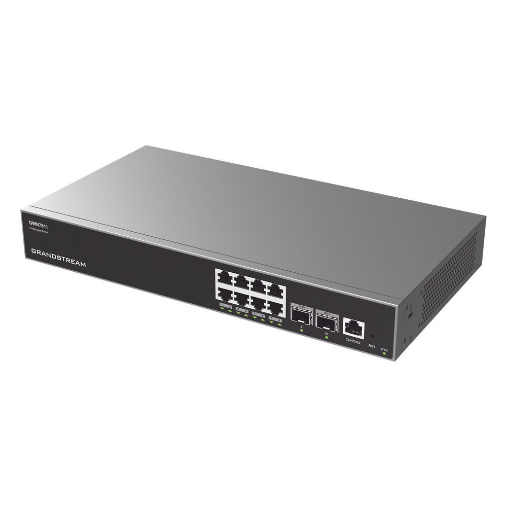 Switch Capa 3 Administrable / 8 puertos 10/100/1000 Mbps + 2 Puertos SFP+ 10 Gigabit / Compatible con GWN Cloud.
