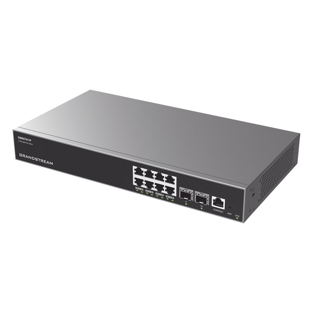 Switch Capa 3 PoE+ Administrable / 8 puertos 10/100/1000 Mbps + 2 Puertos SFP+ de 10 Gigabits / Hasta 120W / Compatible con GWN Cloud.