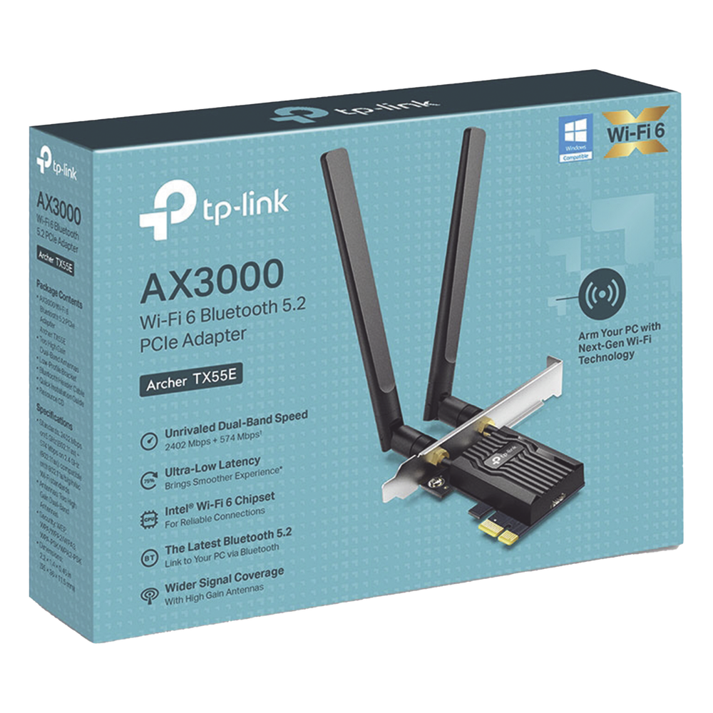 Adaptador PCIe inalámbrico doble banda AX3000 Mbps / Seguridad Inalámbrica WPA3 /Antena de alta ganancia / Tecnología MU-MUMO 2X2 / Soporte de perfil bajo y Altura completa / Bluetooth 5.2