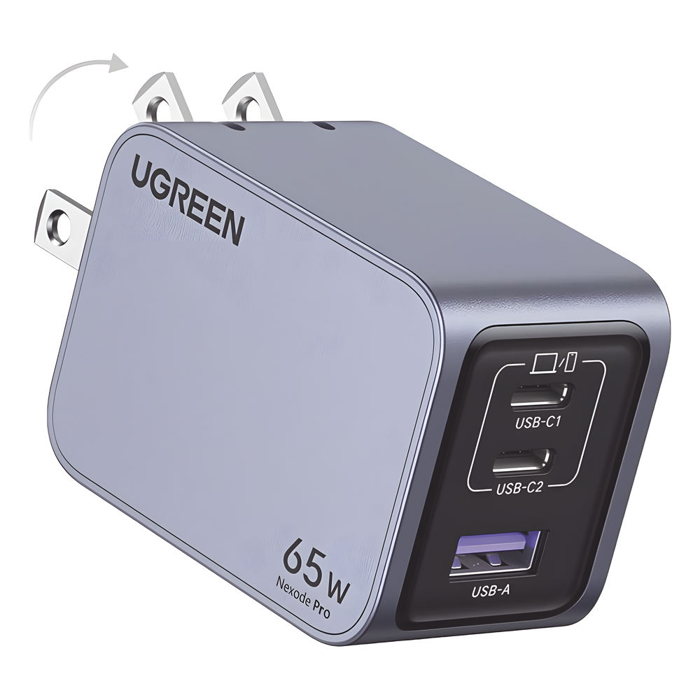Cargador de 65W serie Nexode Pro | 3 Puertos de Carga Rápida | 2 USB-C | 1 USB-A | Tecnología GaNInfinity | PD3.1 de 65W / QC4.0 | Tecnología de Protección Térmica | Optimiza la Carga | Caja de Aluminio | Incluye Cable U