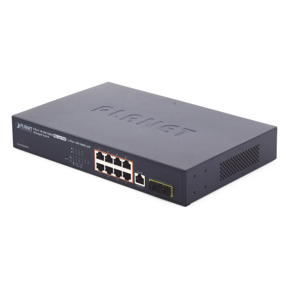 Switch Administrable Capa 2, 8 Puertos PoE 802.3af/at Gigabit, 140 W Max, 2 Puertos SFP, Modo Extendido Hasta 250 m, Soporta Administración en Nube CloudNMS ( HW Rev. 3.0 en Adelante).