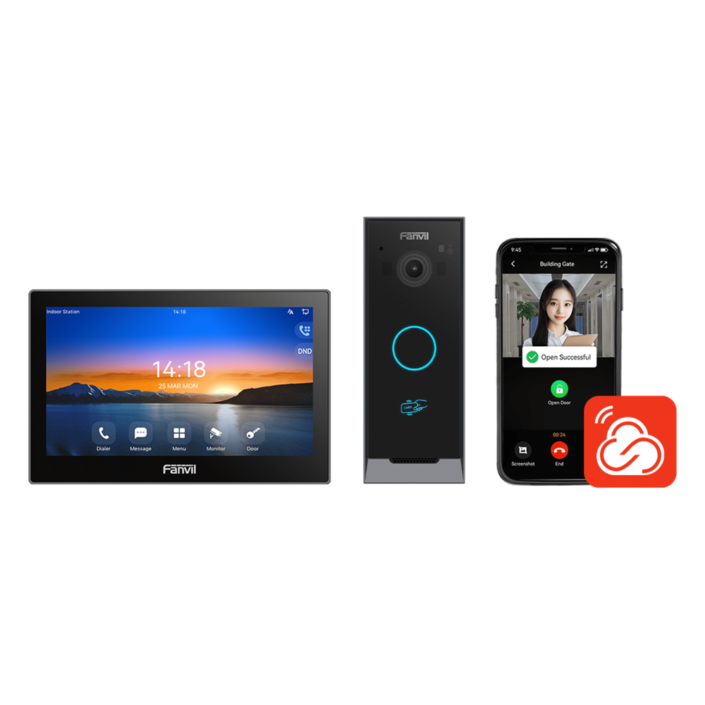 Kit Videoportero IP / Estación Interior i504W + Frente de Calle i60 / Pantalla Táctil 7" HD / Videollamadas H.264/H.265 / Wi-Fi Dual Band / PoE / App Fanvil Link / ONVIF / 10,000 Tarjetas RFID