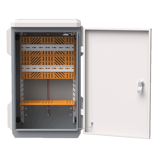 Gabinete de Acero Ventilado para Exterior 680 x 480 x 315 mm con Rieles DIN y 4 Placas Laterales para Montaje de Equipos por Fuera