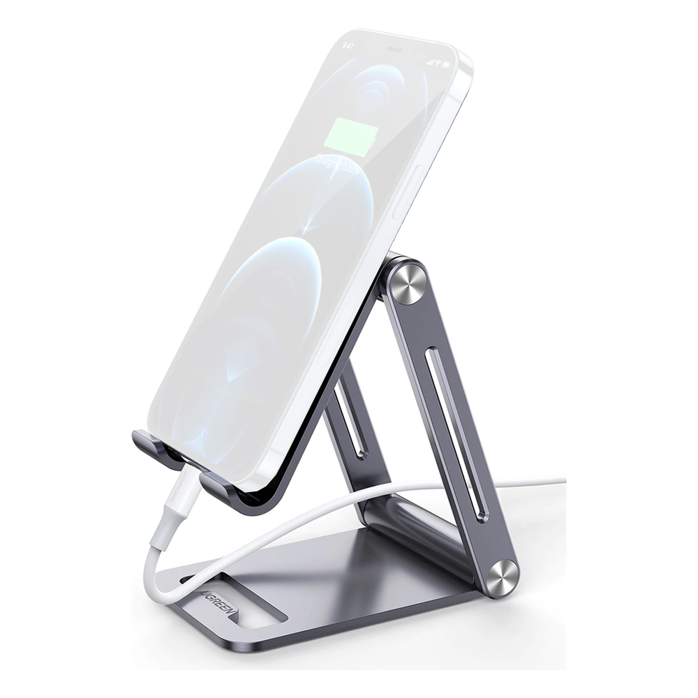 Soporte para Teléfono Celular de Aluminio | Angulo Ajustable | Amplia Compatibilidad con dispositivos de 4.7'' a 7.9'' | Antideslizante | Antiarañazos | Plegable | Color Gris.
