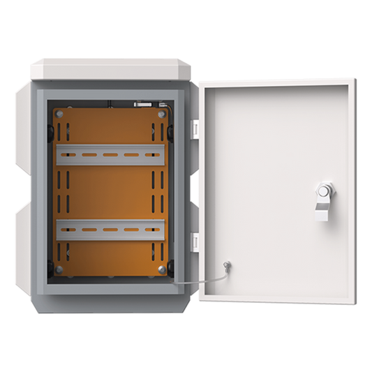 Gabinete de Acero Ventilado para Exterior 180 x 340 x 160 mm con Rieles DIN y 4 Placas Laterales para Montaje de Equipos por Fuera