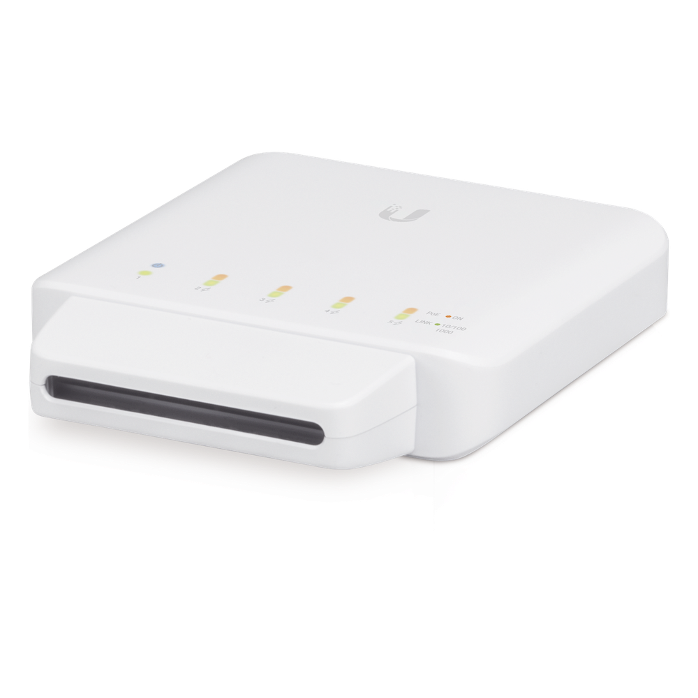 Switch UniFi FLEX de 5 puertos para semi-exterior IP55 (1 x PoE de entrada 802.3af/at/bt y 4 puertos PoE de salida 802.3af)
