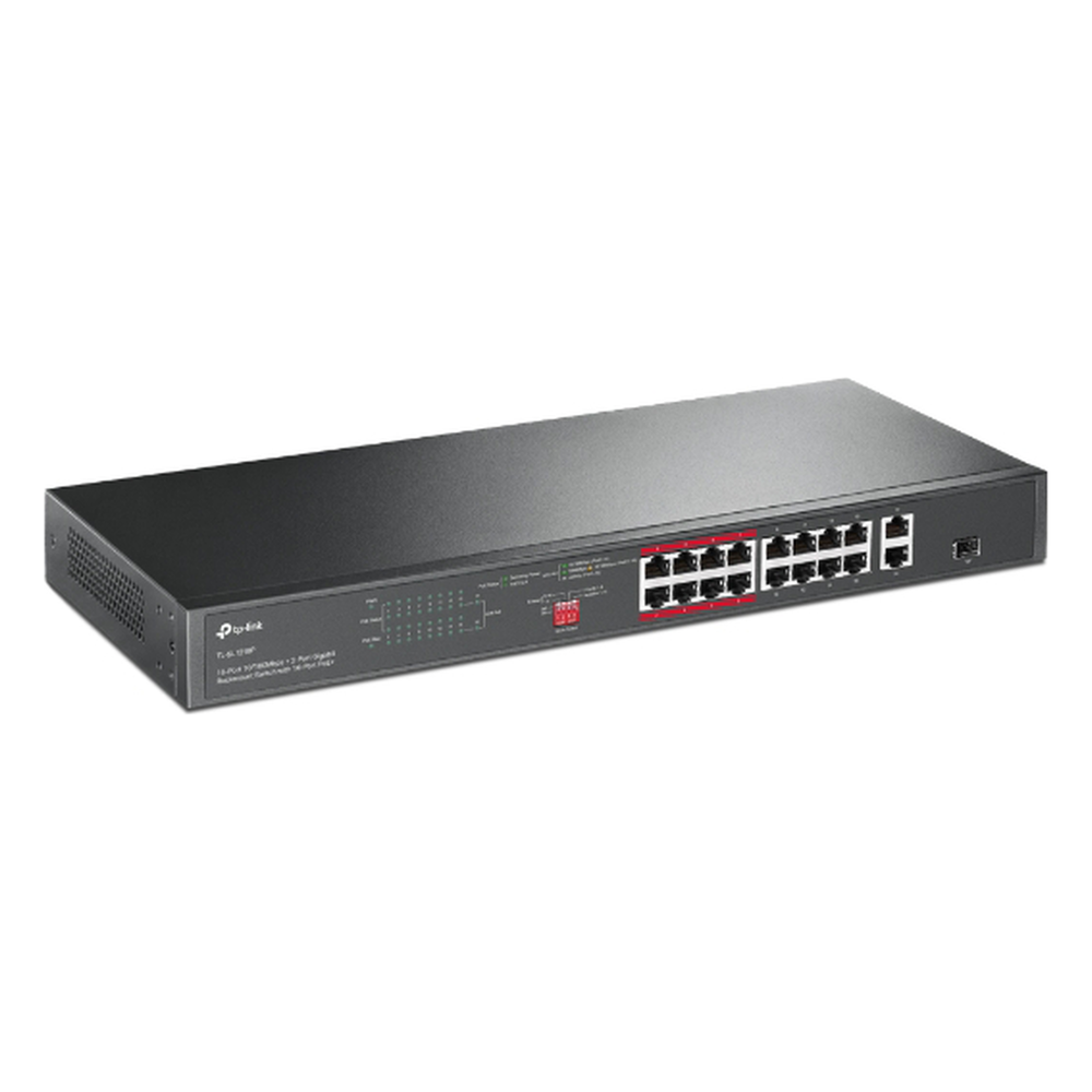 Switch PoE+ no Administrable 16 puertos 10/100 Mbps + 2 puertos 10/100/1000 Mbps + 1 puerto SFP, 8 puertos Extensor PoE (hasta 250 m), 150W, diseño para Vigilancia IP