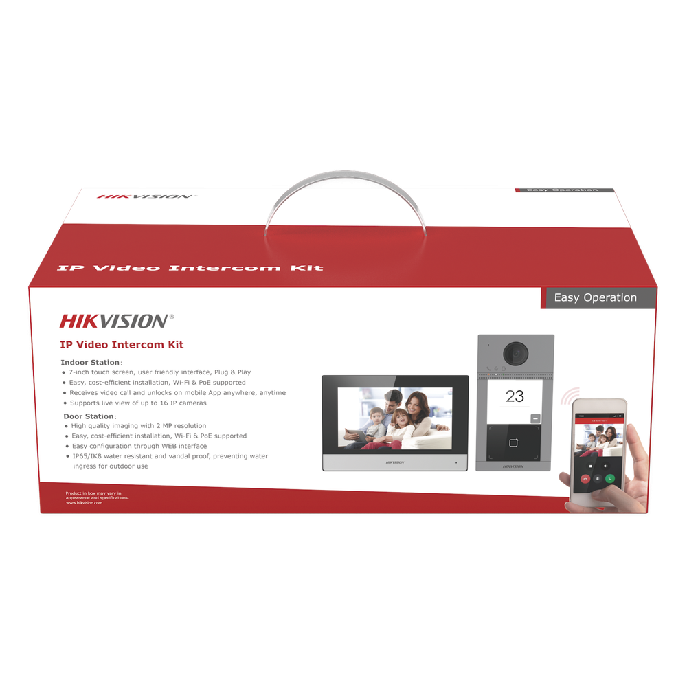 Kit de Videoportero IP PoE Estandar con llamada a App de Smartphone (Hik-Connect) / Apertura con Tarjeta MIFARE / Frente de calle IK08 & IP65 / Soporta 2 puertas