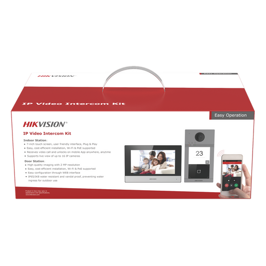 Kit de Videoportero IP PoE Estandar con llamada a App de Smartphone (Hik-Connect) / Apertura con Tarjeta MIFARE / Frente de calle IK08 & IP65 / Soporta 2 puertas