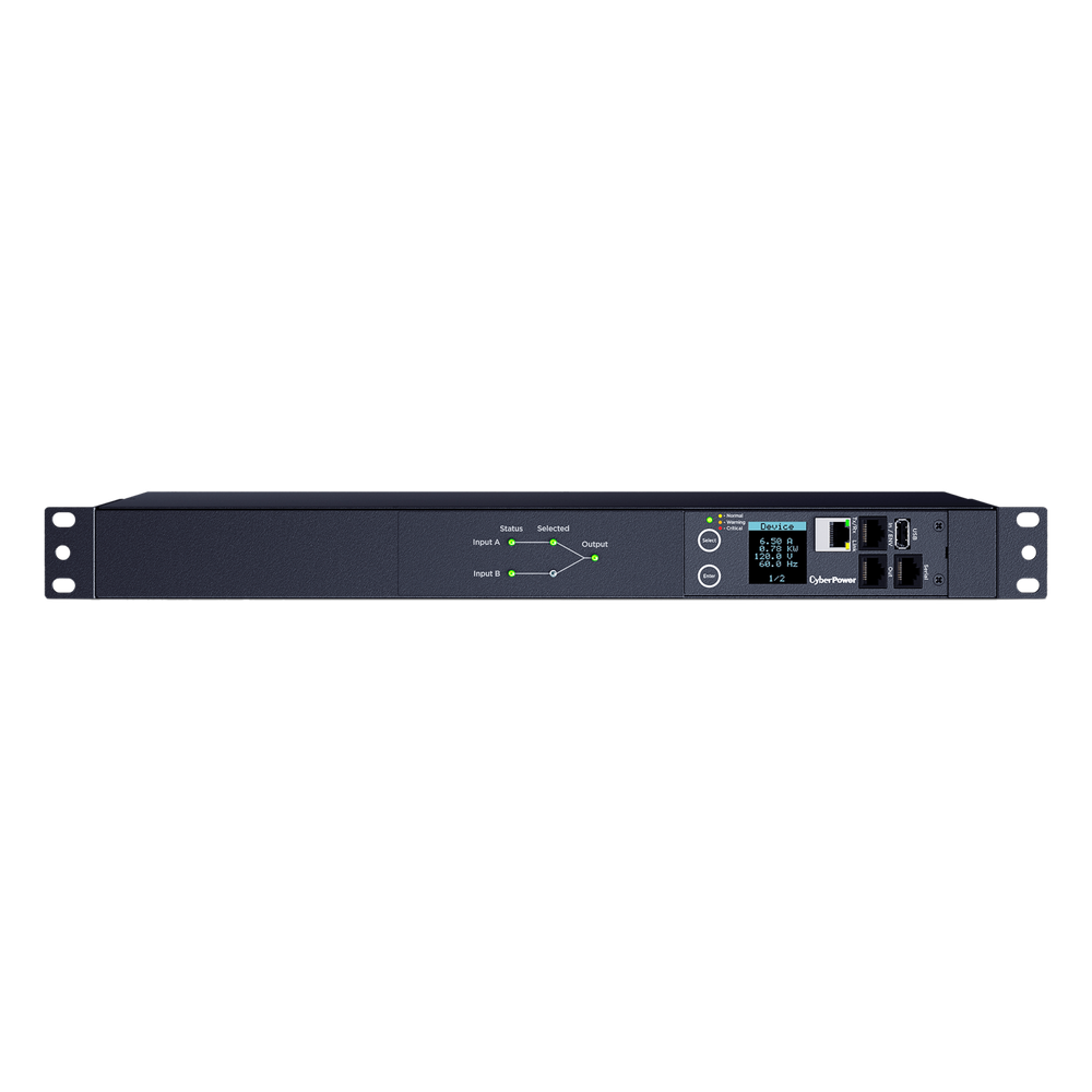 PDU ATS (Fuente Redundante Auto-transferible) Monitoreable, Para Distribución de Energía, 2 Entradas 120 Vca NEMA5-15P, Con 10 Salidas NEMA 5-15R, Horizontal 19in, 1UR