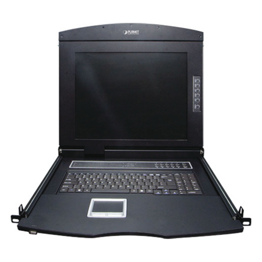 Switch KVM con Monitor de 17"con Teclado y Trackpad para Rack de 1U de Cuatro Postes, 8 Puertos VGA Para Acceder y Controlar Hasta 8 Computadoras Desde una Sola Consola