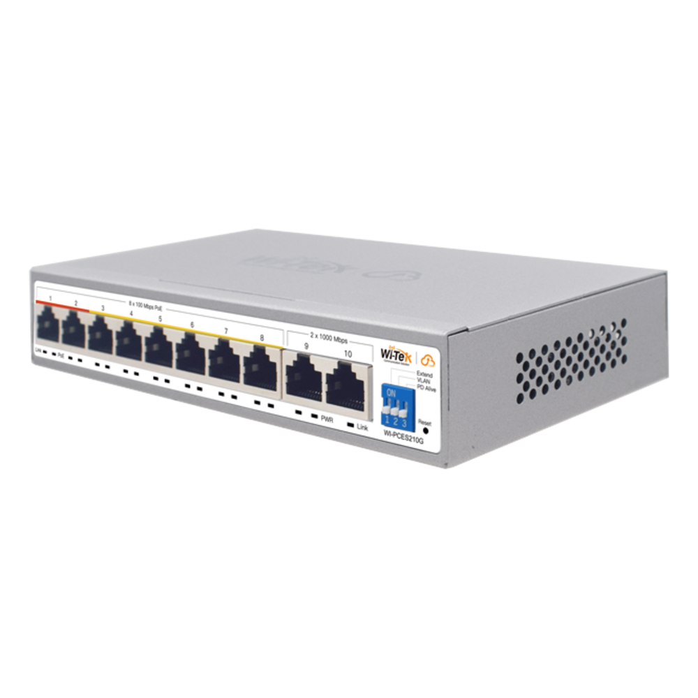 Switch PoE / Administración en la nube / Con 8 puertos 10/100 Mbps PoE af/at / 2 Puertos Uplink 10/100/1000 Mbps / Presupuesto 100 W / PoE hasta 250 metros / Soporta protocolo ONVIF