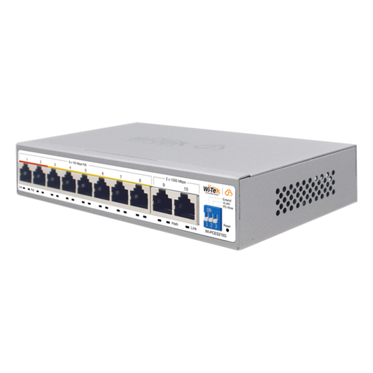 Switch PoE / Administración en la nube / Con 8 puertos 10/100 Mbps PoE af/at / 2 Puertos Uplink 10/100/1000 Mbps / Presupuesto 100 W / PoE hasta 250 metros / Soporta protocolo ONVIF