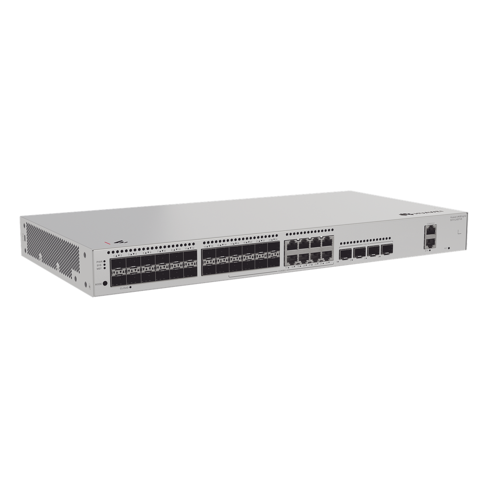 Switch de Distribución/Core Gigabit Administrable  Capa 3 / 24 puertos 1GE SFP ( Combo con 8 Puertos 10/100/1000 Mbps) / 4 Puertos 10GE SFP+ Uplink / ERPS / Rutas Estáticas / iStack / Administración Nube Gratis
