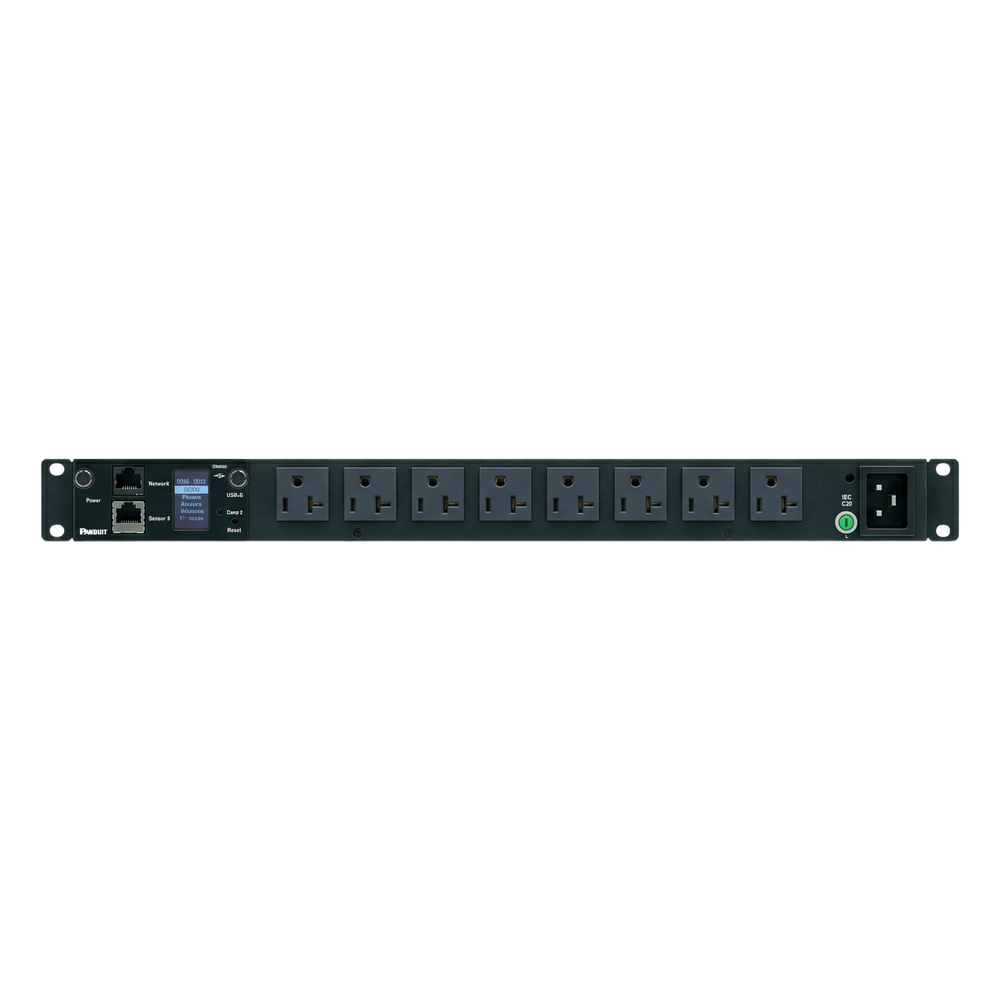 PDU Monitoreable (MI) para Distribución de Energía, Enchufe de Entrada NEMA 5-15P, Con 8 Salidas 5-20R, Horizontal 19in, 120 Vca, 20 Amp, 1UR