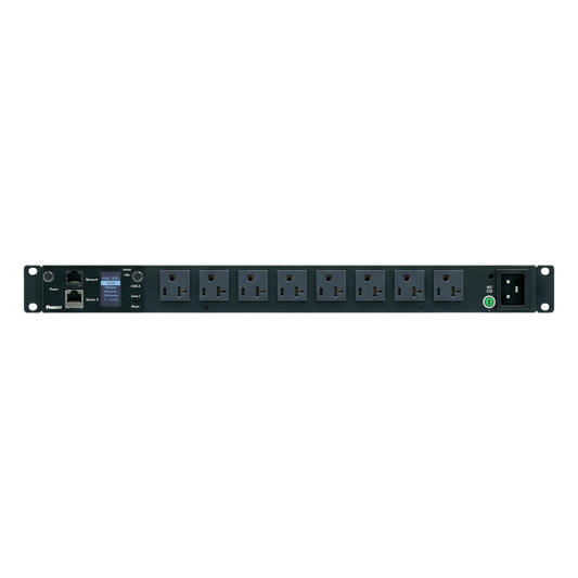 PDU Monitoreable (MI) para Distribución de Energía, Enchufe de Entrada NEMA 5-15P, Con 8 Salidas 5-20R, Horizontal 19in, 120 Vca, 20 Amp, 1UR