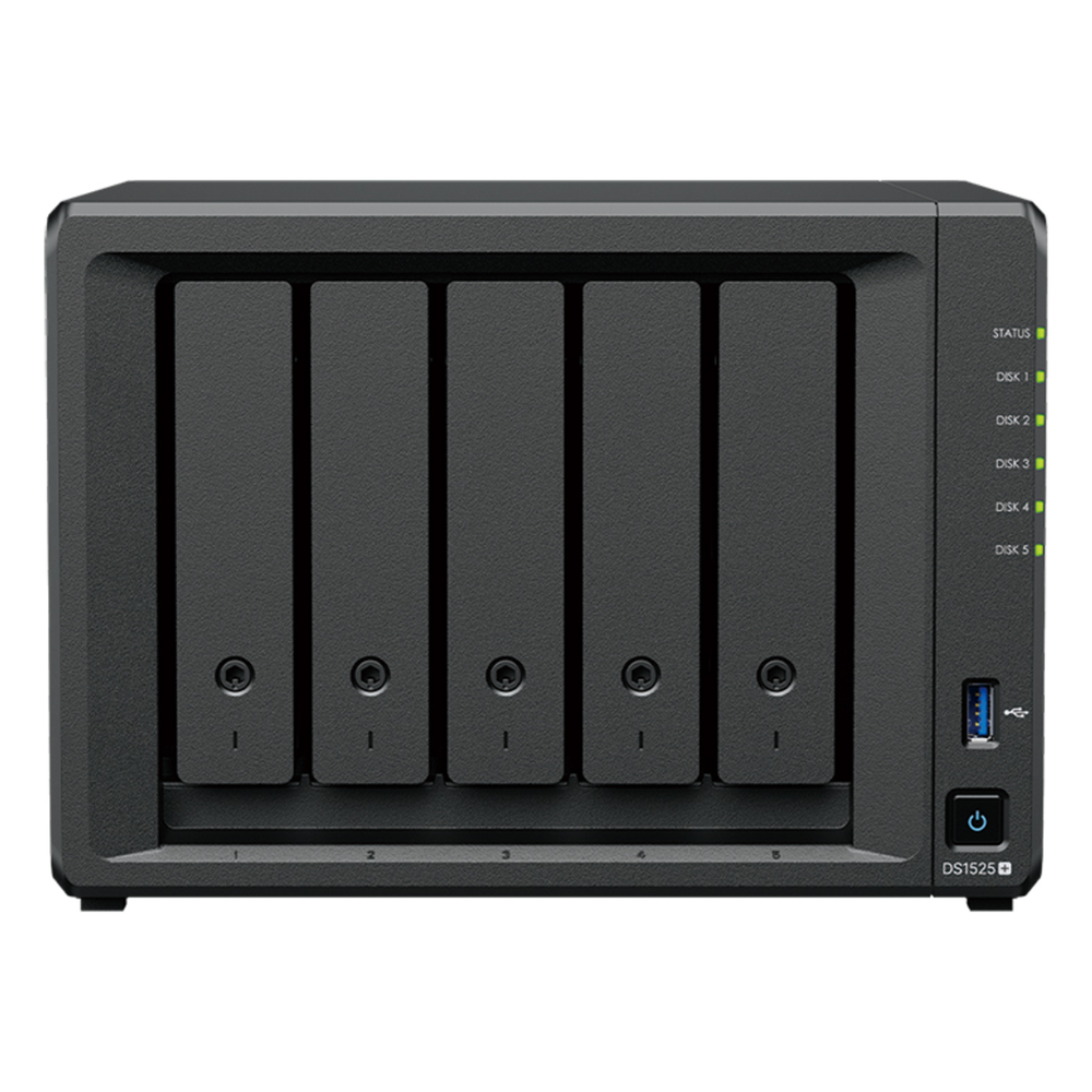 NAS DiskStation DS1525+ | 5 Bahías | Expansión hasta 15 Bahías | 2 Puertos 2.5GbE | Soporte 10GbE | Almacenamiento en Caché SSD | Hasta 300 TB de Capacidad | Compatible con Virtualización y Vigilancia.