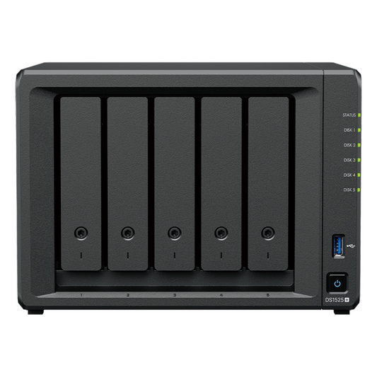NAS DiskStation DS1525+ | 5 Bahías | Expansión hasta 15 Bahías | 2 Puertos 2.5GbE | Soporte 10GbE | Almacenamiento en Caché SSD | Hasta 300 TB de Capacidad | Compatible con Virtualización y Vigilancia.
