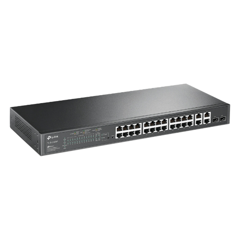 Switch PoE+ JetStream SDN Administrable 24 puertos 10/100 Mbps + 2 puertos 10/100/1000 Mbps (Uplink) + 2 puertos SFP (combo 2 RJ45 10/100/1000 Mbps), 250W, administración centralizada OMADA SDN