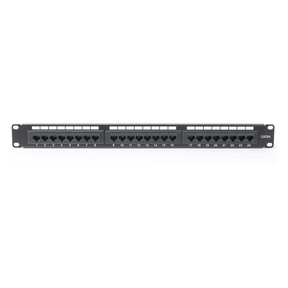 Panel de Parcheo de Impacto (110) UTP de 24 Puertos Cat6A, 19 Pulgadas (48.26 cm), con Barra para Organizar Cables y Espacio para Etiqueta