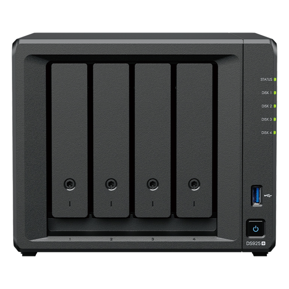 NAS DiskStation DS925+ | 4 Bahías | Expandible a 9 Bahías | 2 Puertos 2.5GbE | 2 Ranuras M.2 NVMe | AMD Ryzen V1500B | 4 GB DDR4 ECC | Hasta 565 MB/s Escritura Secuencial | Compatible con RAID | Synology DSM.