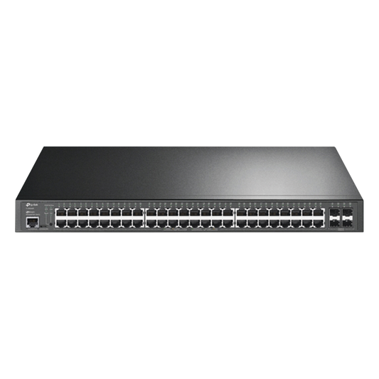 Switch L2+ Omada PoE+ / 48 Puertos PoE+ 10/100/1000 Mbps / 4 Puertos SFP 1G / 2 Puertos Consola (RJ45 y microUSB) / Administración Centralizada Omada o Stand-Alone / Multicast IGMP / Calidad de Servicio / Presupuesto PoE 384W / Montaje en Rack