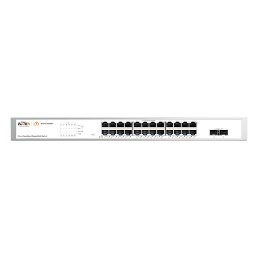 Switch Administrable PoE / 24 puertos PoE af/at Gigabit / 2 x SFP Gigabit / Administración Cloud Gratuita / Presupuesto 370 W