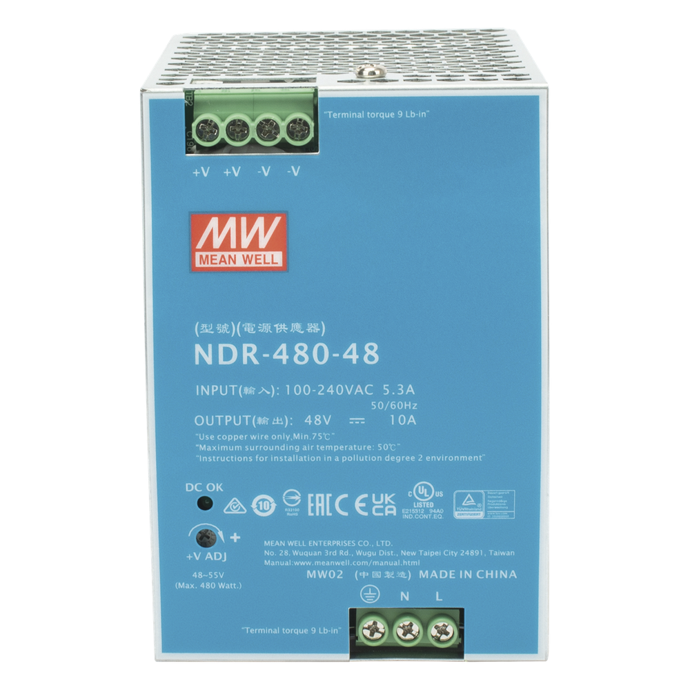Fuente de Poder Industrial de 480W, salida 48 Vcc, para montaje en riel Din