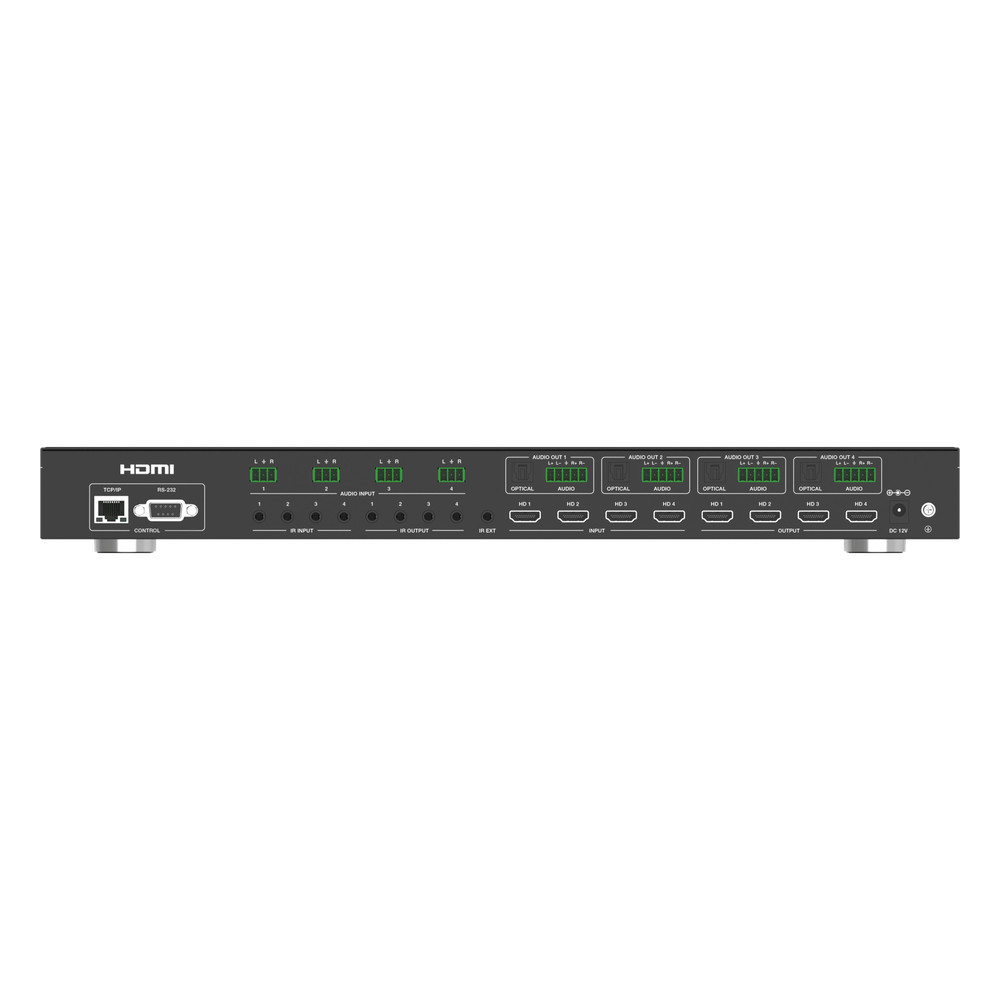Switch de Video Matrix 4x4 HDMI 2.0 | 18Gbps Ancho de Banda | 4K2K@60Hz Resolución | 4 Entradas 4 Salidas HDMI | Audio LPCM y Dolby Digital | Control TCP-IP y RS-232 | Conectores Phoenix para Audio | Metal Enclosure