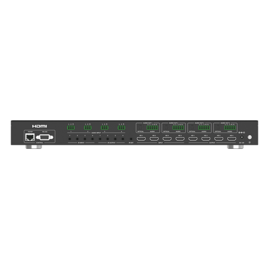 Switch de Video Matrix 4x4 HDMI 2.0 | 18Gbps Ancho de Banda | 4K2K@60Hz Resolución | 4 Entradas 4 Salidas HDMI | Audio LPCM y Dolby Digital | Control TCP-IP y RS-232 | Conectores Phoenix para Audio | Metal Enclosure