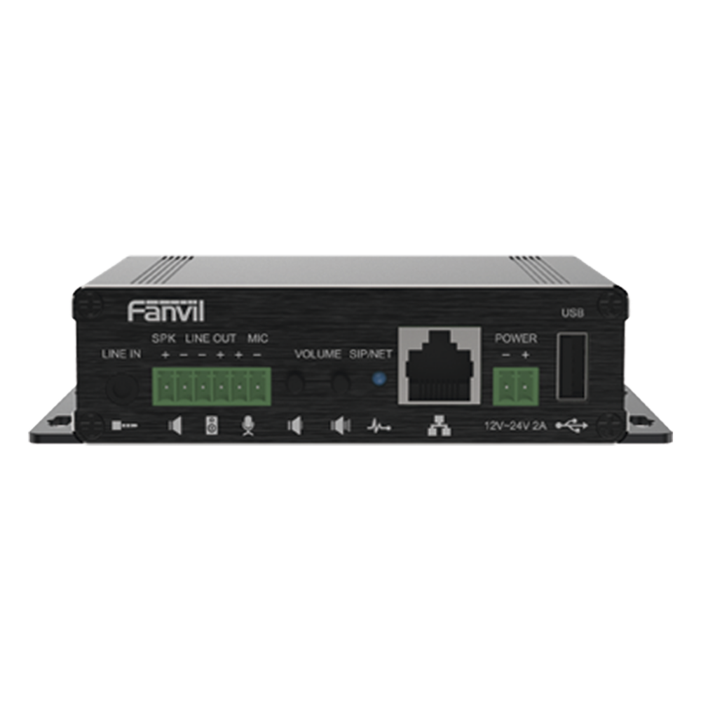 Gateway para Voceo IP/SIP,  Entrada de audio (3.5mm), salida de amplificador integrado de hasta 30W, puerto USB (reproducción de MP3),