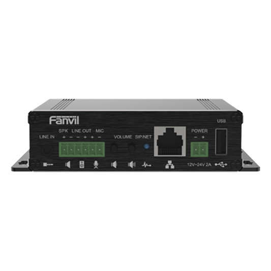 Gateway para Voceo IP/SIP,  Entrada de audio (3.5mm), salida de amplificador integrado de hasta 30W, puerto USB (reproducción de MP3),
