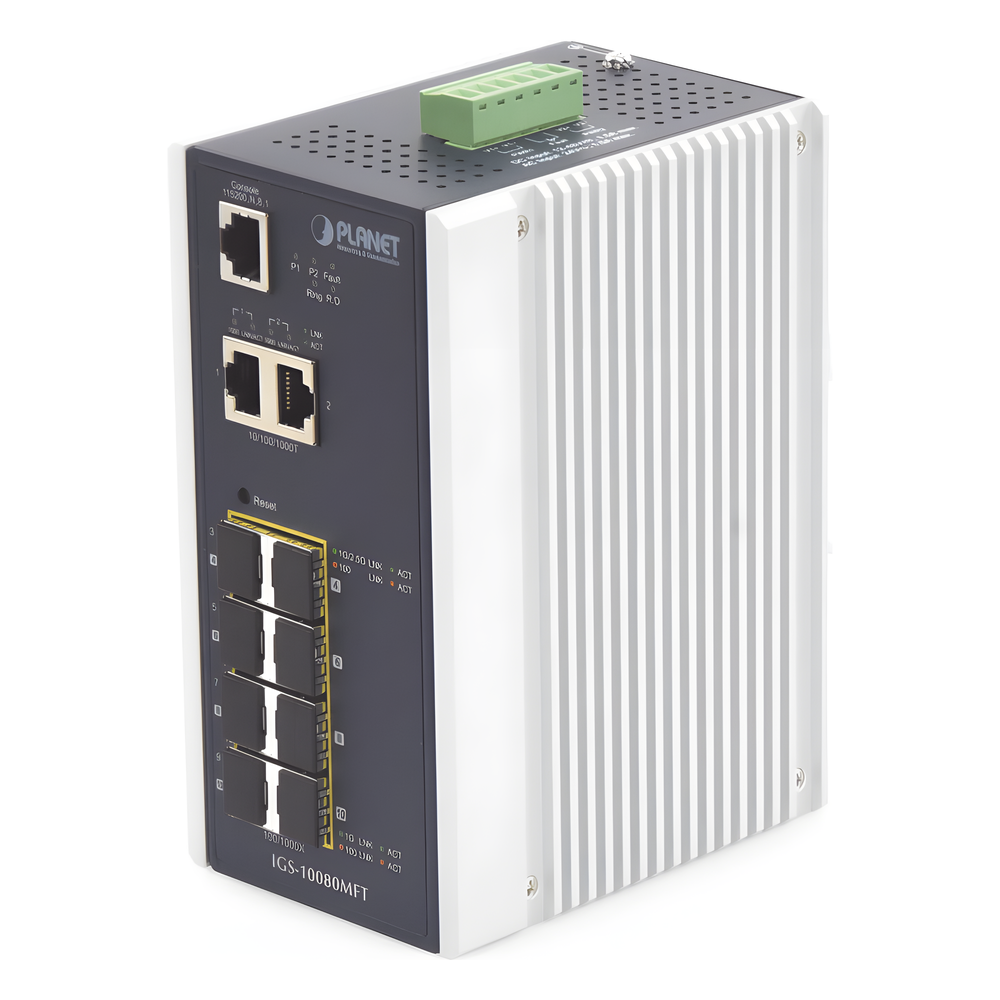 Switch Industrial Administrable L2+, 8 Puertos 1G SFP, 2 Puertos TP Gigabit, (-40 ~75 grados C)