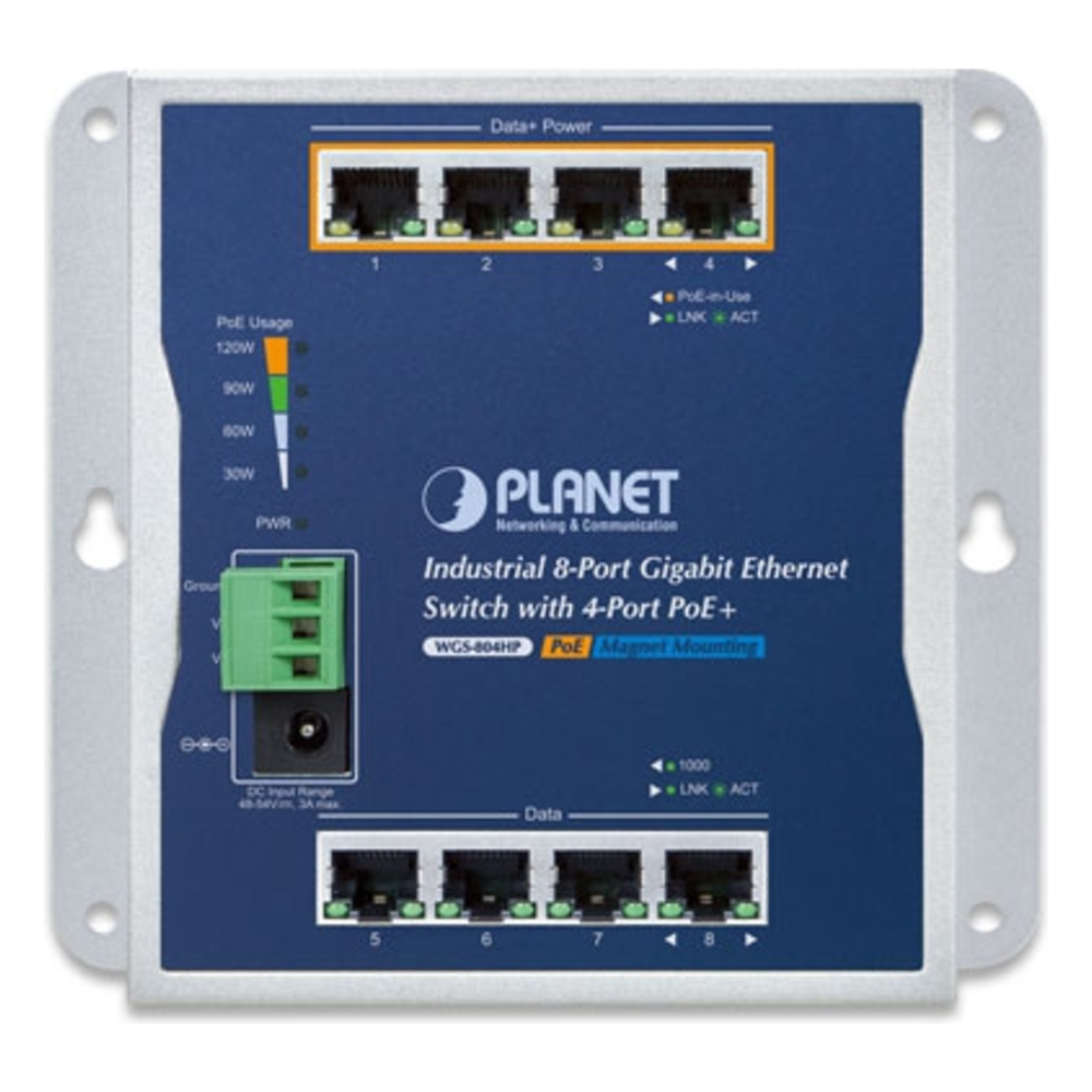 Switch Industrial No Administrable, Múltiple Montaje (Pared, Riel DIN y Magnético), 8 Puertos Gigabit con 4 puertos PoE 802.3at, Hasta 120 W.