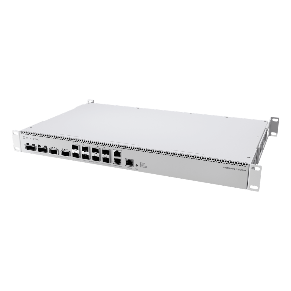 Switch de Red MikroTik CRS812 DDQ / 400 Gbps / 8 Puertos SFP56 de 50G / 2 Puertos QSFP56 de 200G / 2 Puertos QSFP56-DD de 400G / RouterOS v7 / ARM Quad-Core 2 GHz / 4 GB RAM / Rackmount