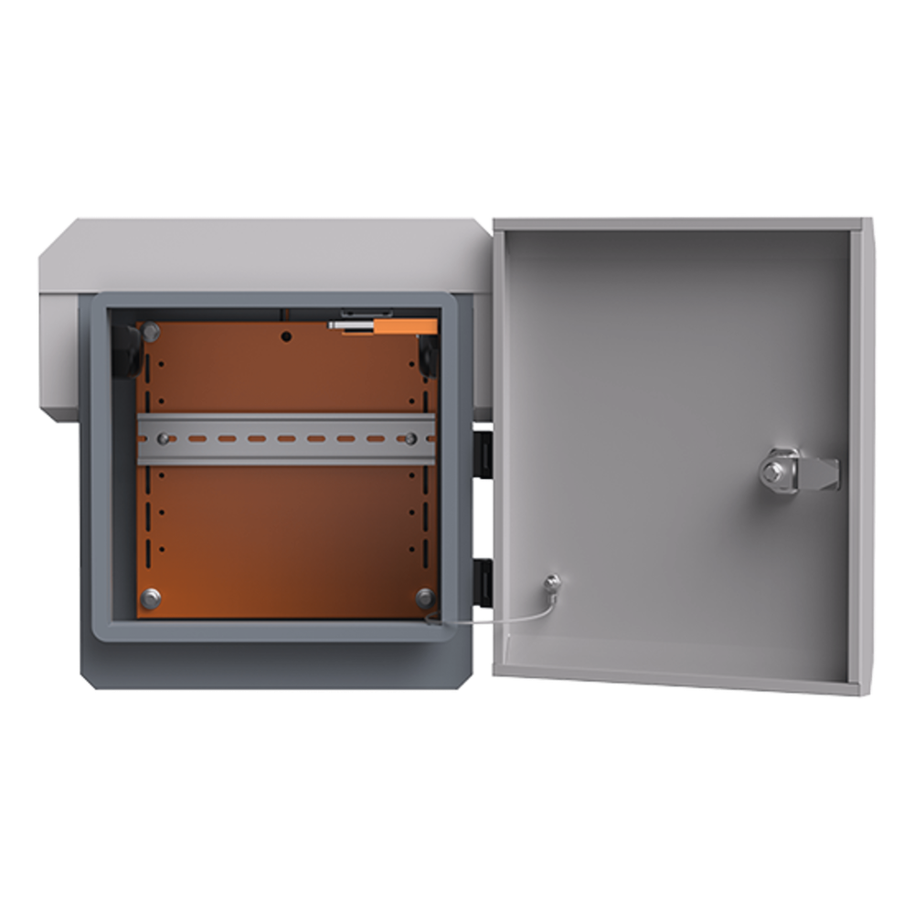 Gabinete de Acero Ventilado para Exterior 250 x 250 x 180 mm con Rieles DIN y 4 Placas Laterales para Montaje de Equipos por Fuera