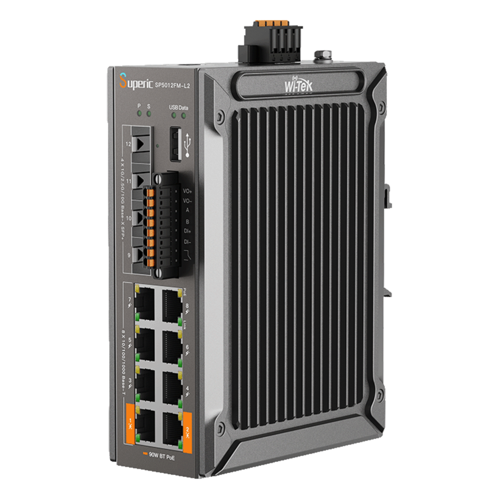 Switch de Red SP5012FM-L2 (V2) / 8 Puertos 10/100/1000Mbps PoE / 4 Puertos SFP 1000M/2.5G/10Gbps / Capacidad de Conmutación 96Gbps / Presupuesto PoE 240W / Alimentación Dual DC / Instalación DIN-rail, Pared o Escritorio / Certificaciones CE, FCC, RoHS,