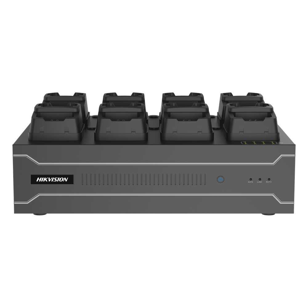 Dock Station de Escritorio con 8 Estaciones de Carga para Body Cams / Doble Interfaz de Red / 4 Bahías de HDD / Carga y Respaldo Automático / Prevención de Pérdida de Datos / Cobertura Cíclica / Reproducción d