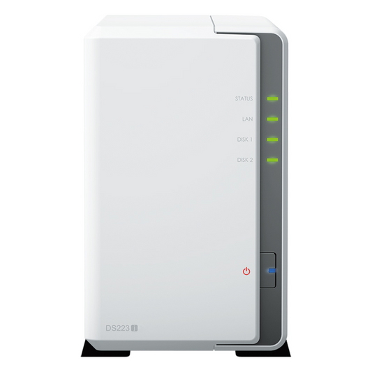 NAS DiskStation DS223j | 2 Bahías | CPU Realtek RTD1619B 1.7 GHz | 1 GB DDR4 | Puerto 1GbE RJ-45 | USB 3.2 Gen 1 | Compatible con HDD y SSD | Synology DSM | RAID 0, 1, JBOD | SMB, AFP, NFS, FTP | Vigilancia IP