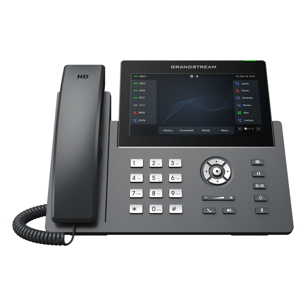 Teléfono IP Wi-Fi, Grado Operador, 12 líneas SIP con 6 cuentas, pantalla táctil  7", puertos Gigabit, Bluetooth, PoE, codec Opus, IPV4/IPV6 con gestión en la nube GDMS