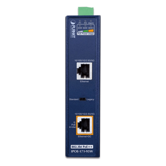 Inyector Industrial, Multi-Gigabit 802.3bt PoE++ / 95W / 2 Puertos RJ45 / 10M/100M/1G/2.5G/5Gbps / IP30 / -40 a 75°C / Montaje en Riel DIN o Pared