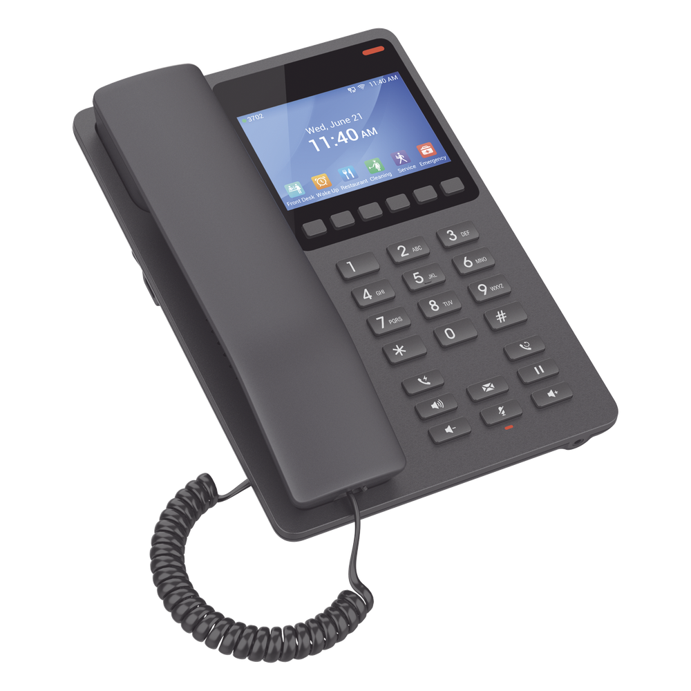 Teléfono IP WiFi Hotelero con pantalla LCD a color, 2 líneas SIP con 2 cuentas, codec Opus, IPV4/IPV6, color negro, con gestión en la nube GDMS