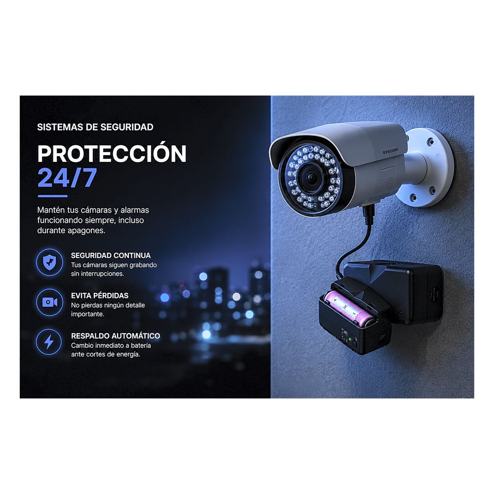 UPS de CD 25 W / Entrada 120 Vca / Salida 12 Vcd / Clavija NEMA 5-15P de entrada / Batería de Litio