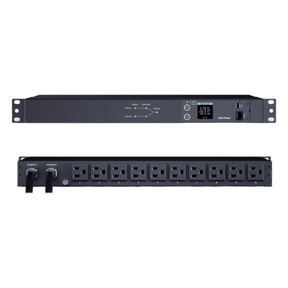 PDU ATS (Fuente Redundante Auto-transferible) Medible, Para Distribución de Energía, 2 Entradas 120 Vca NEMA5-15P, Con 10 Salidas NEMA 5-15R, Horizontal 19in, 1UR