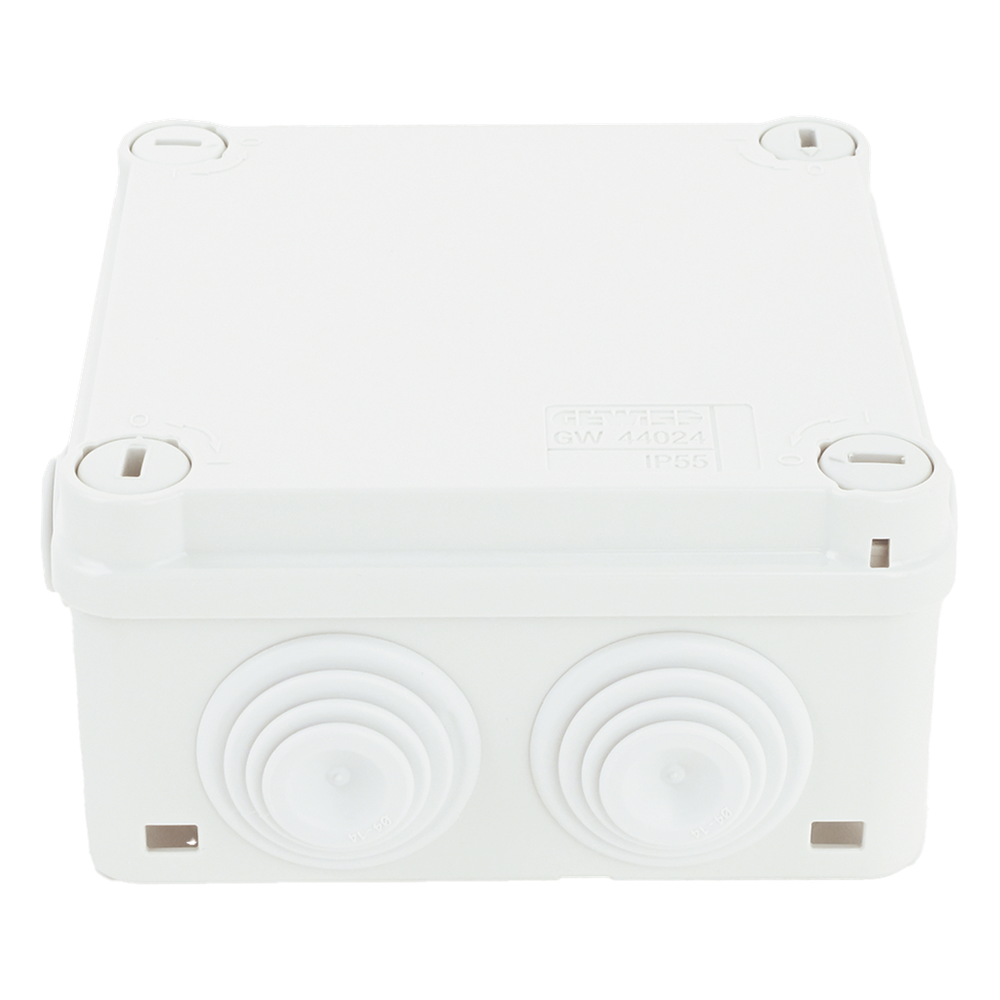 Caja Estanca de PVC Para Derivación y Conexión, 6 Entradas, Tapa con Tornillo de 1/4" de Vuelta, 100x100x50 mm (Área Interna), Uso Exterior IP55, Material que no Propaga el Fuego y Libre de Hálogenos