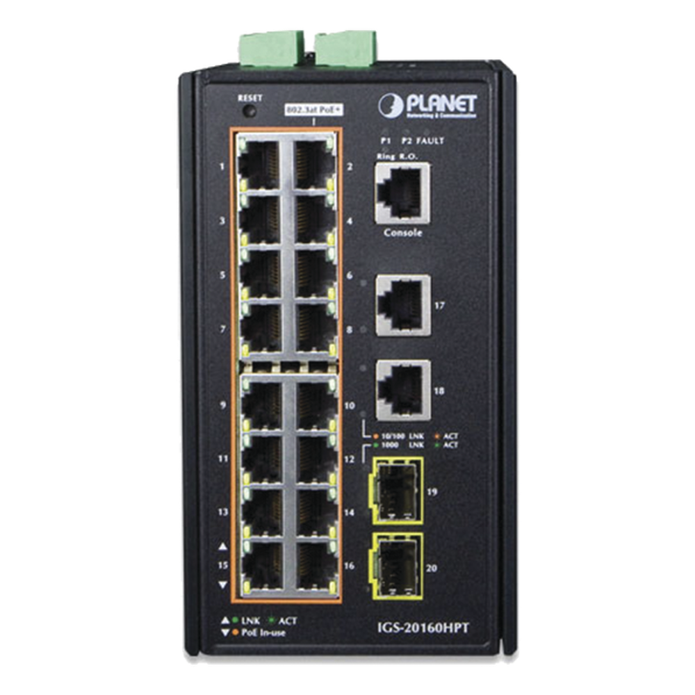 Switch Industrial Administrable 16 puertos 10/100/1000 T 802.3at PoE + 2 Puertos 10/100/1000 T + 2 puertos 100/1000 X SFP