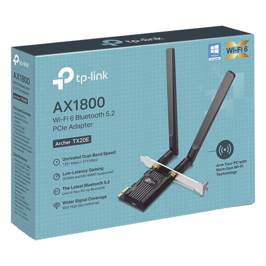 Adaptador  PCIe inalámbrico doble banda AX1800 Mbps / Seguridad Inalámbrica WPA3 /Antena de alta ganancia / Tecnología MU-MUMO 2X2 / Soporte de perfil bajo y Altura completa / Bluetooth 5.2