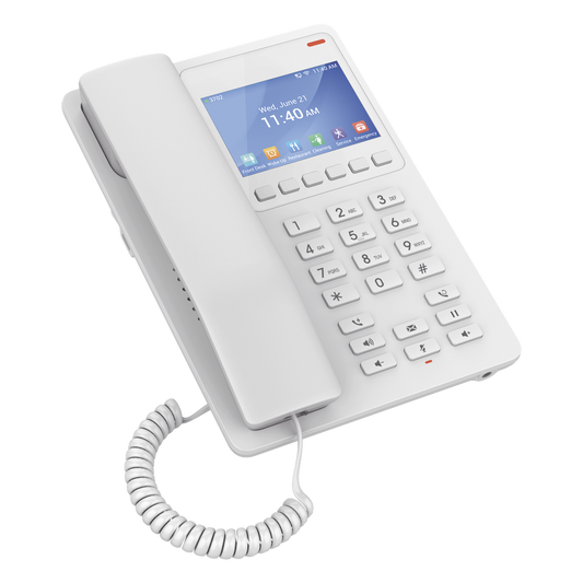 Teléfono IP WiFi Hotelero con pantalla LCD a color, 2 líneas SIP con 2 cuentas, codec Opus, IPV4/IPV6, color blanco, con gestión en la nube GDMS