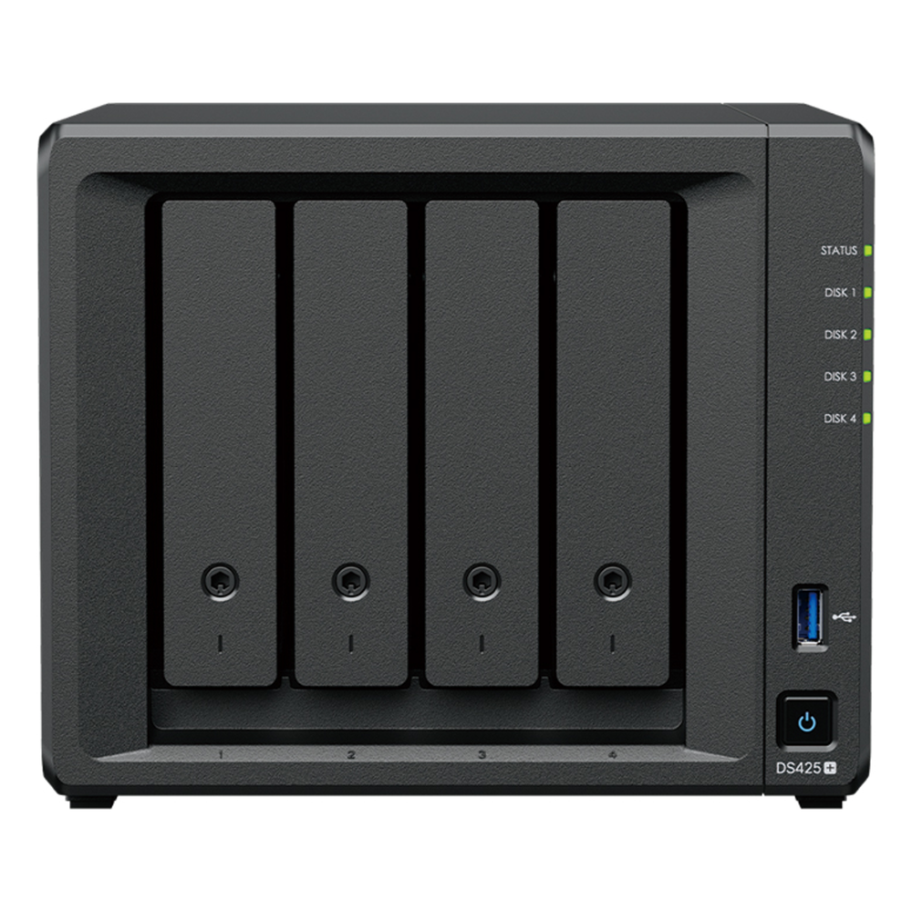 NAS DiskStation DS425+ | 4 Bahías | Intel Celeron J4125 2.7 GHz | 2 GB DDR4 / 2.5GbE + 1GbE | 2 Puertos USB 3.2 Gen 1 | 2 Ranuras M.2 NVMe | Hasta 80 TB | Synology DSM.