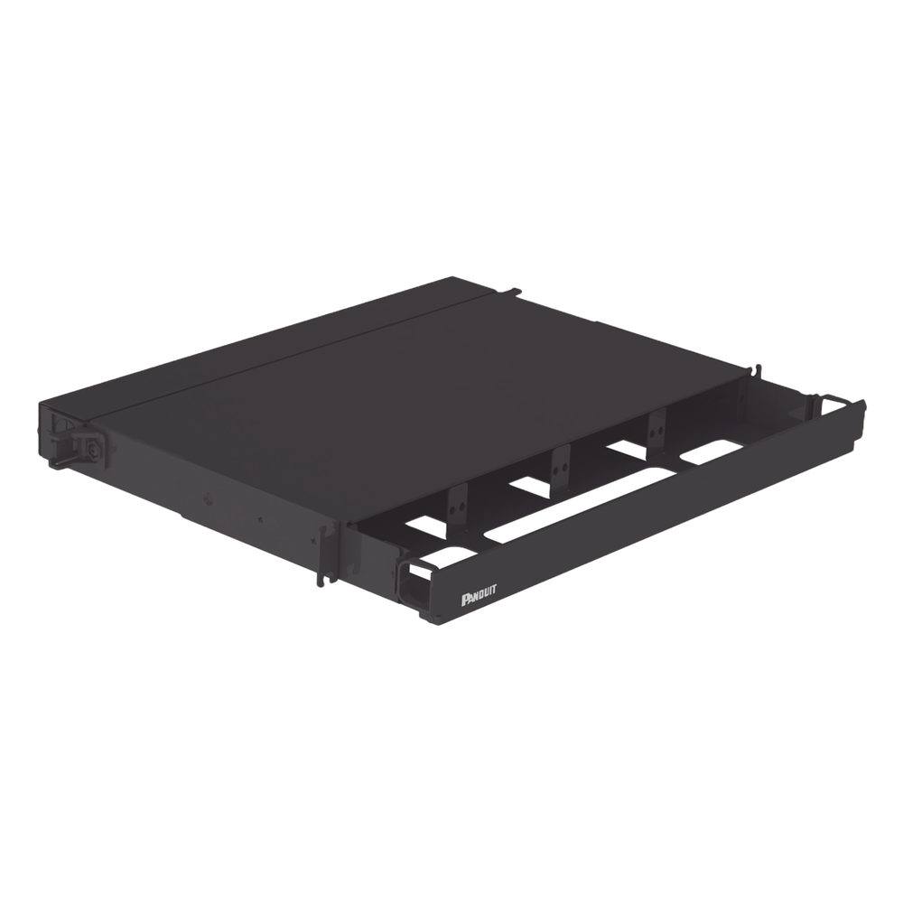 Panel de Distribución de Fibra Óptica, Acepta 4 Placas FAP o FMP, Bandeja Deslizable, Hasta 96 Fibras, Color Negro, 1UR